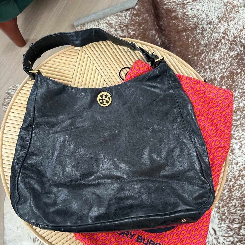 Tory Burch Black Leather Hobo Bag with Gold Emblem